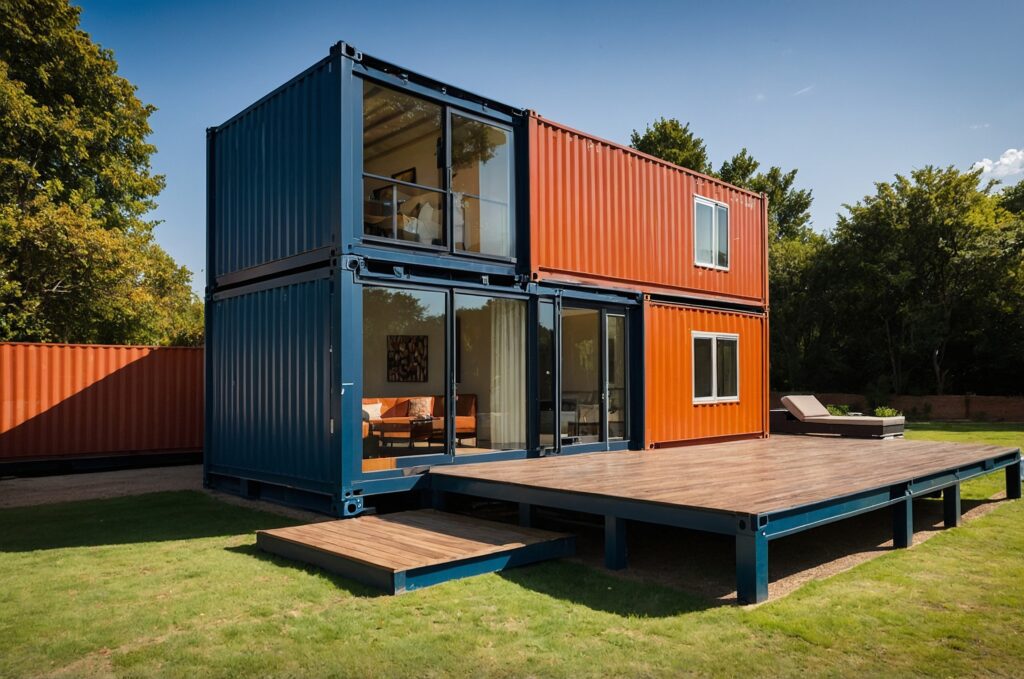 house with blue roof is shown with deck that has window that says home