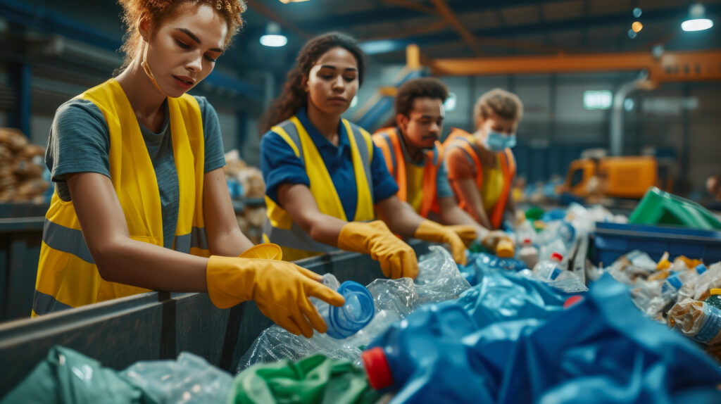 multiethnic workers process recyclables together